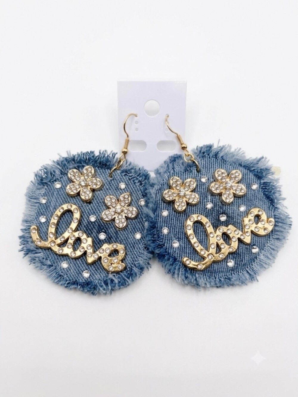 Gold 'Love' Denim Circle Earrings